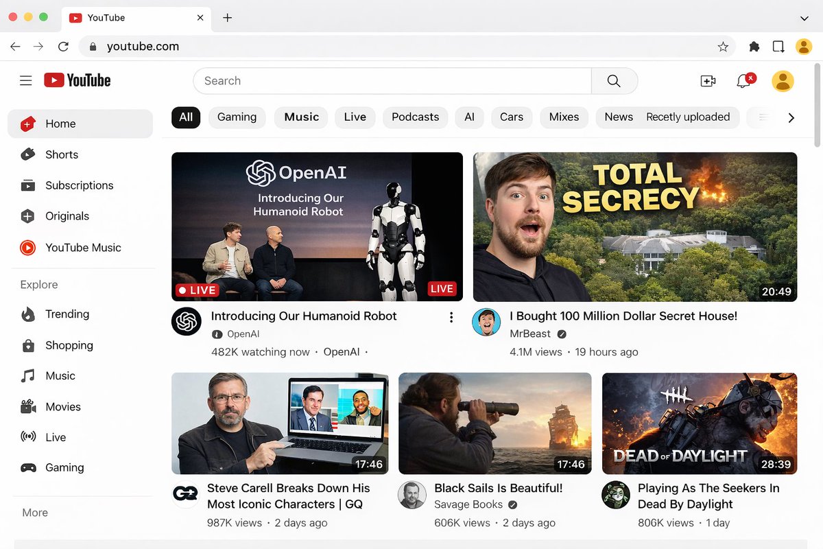 Interface utilisateur de page d'accueil de plateforme de streaming vidéo