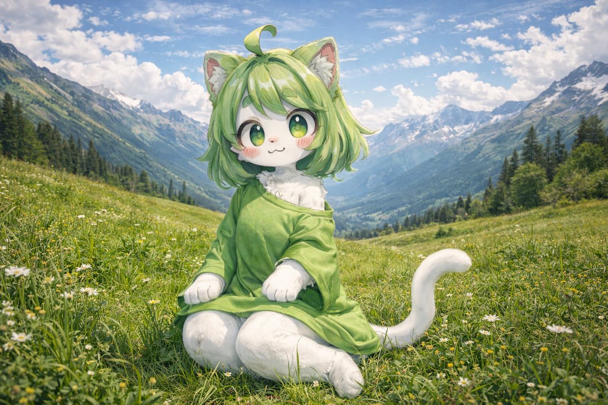 Anime Katzenmädchen in realistischer alpiner Wiese