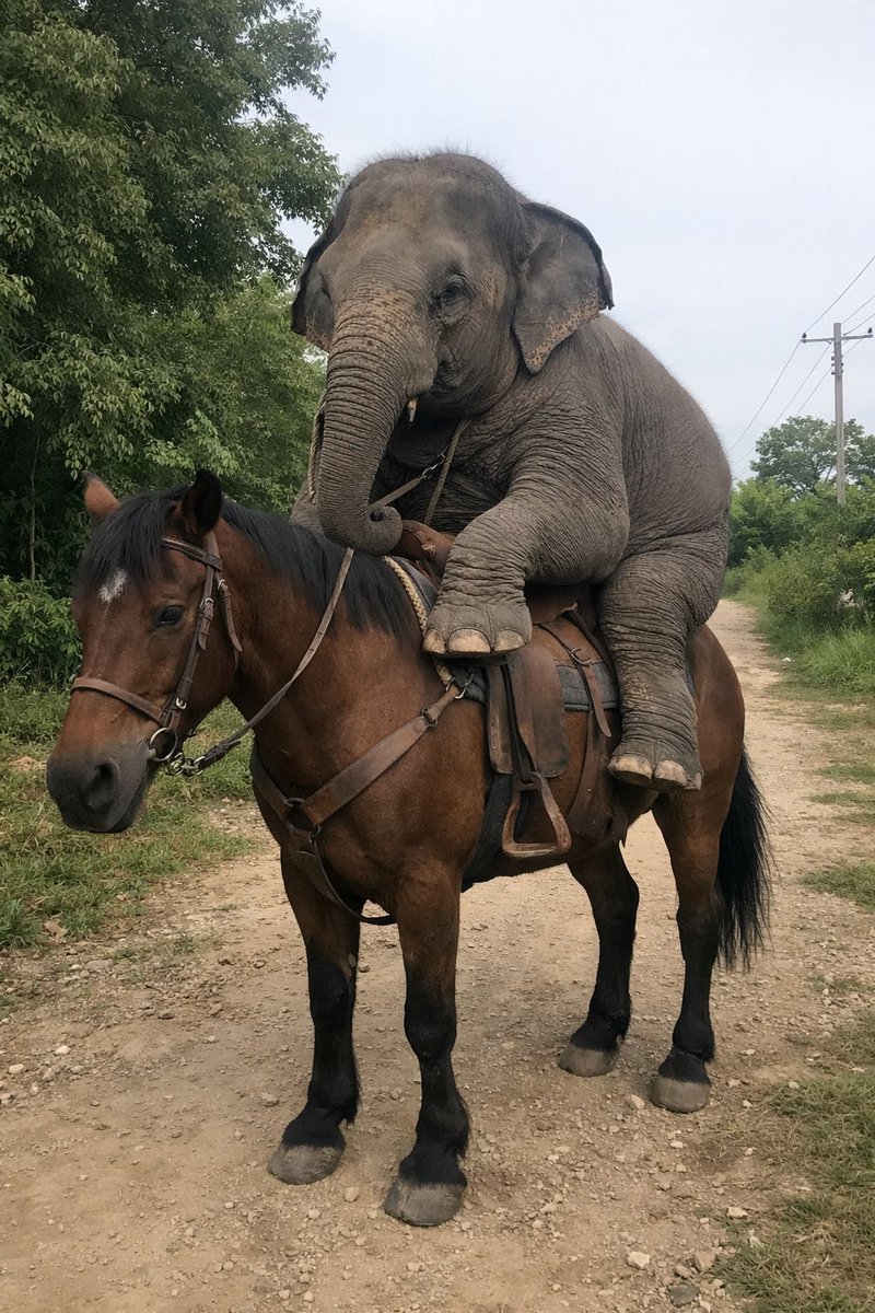 Elefante che cavalca un cavallo