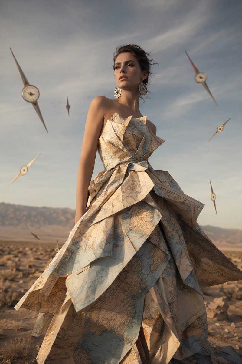 Editoriale di Moda con Vestito a Mappa Surreale