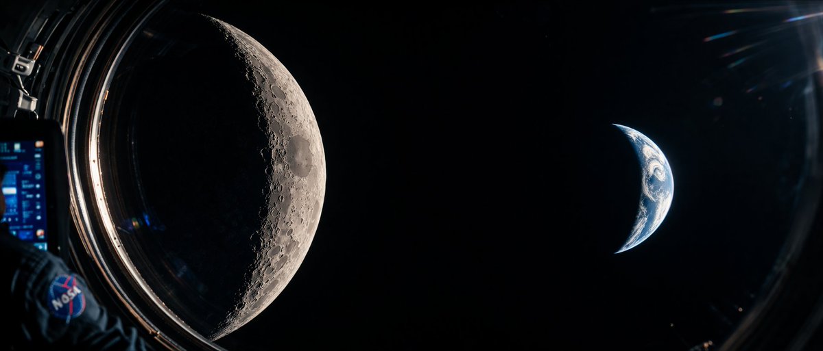 Vista cinematografica di un'astronave della Luna e della Terra
