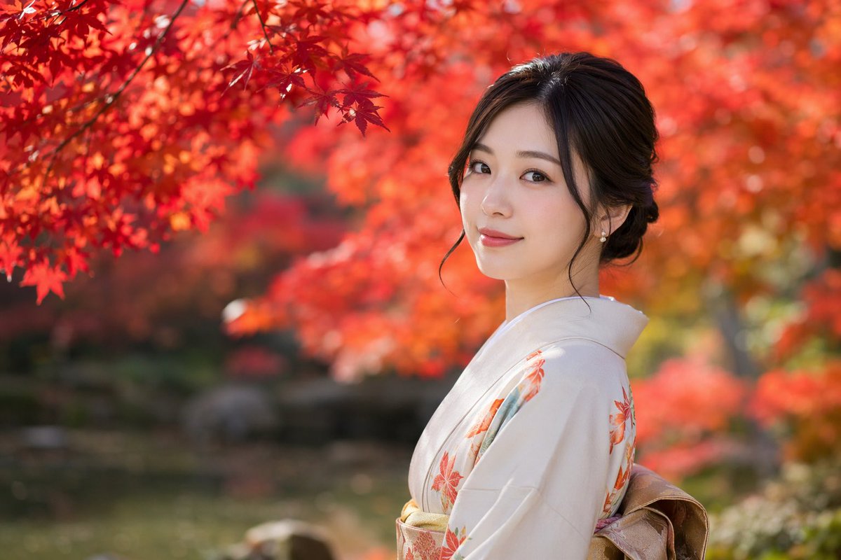 Ritratto autunnale kimono fotorealistico