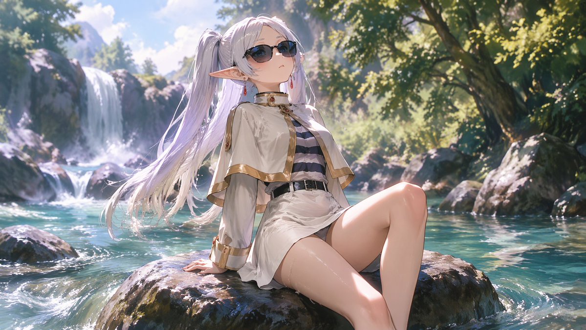 Ragazza elfa anime che si rilassa in un fiume di foresta