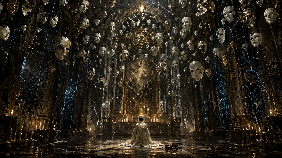 Salón Gótico Surrealista con Máscaras Flotantes