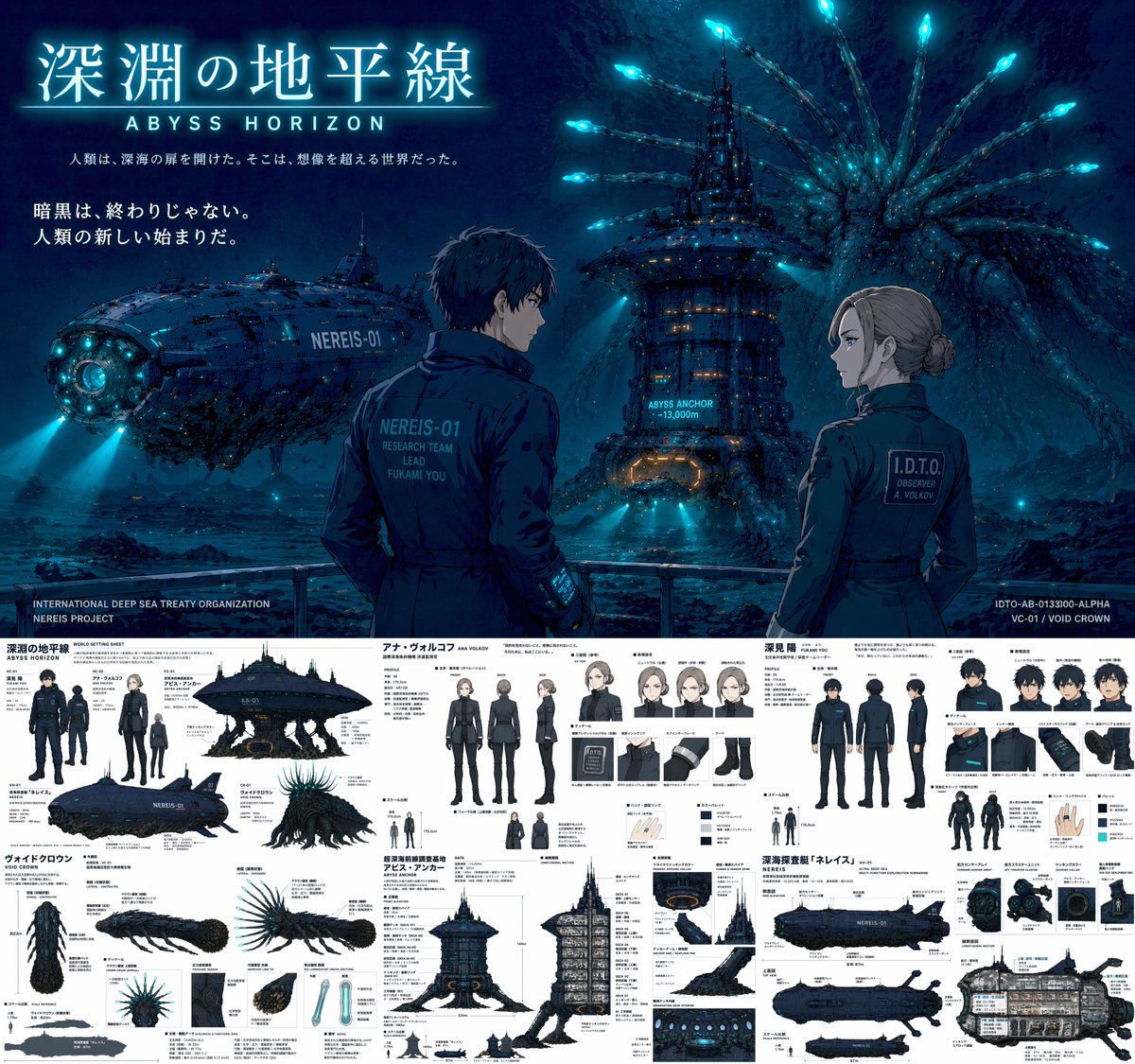 Concept art e scheda di riferimento sottomarino abissale sci-fi