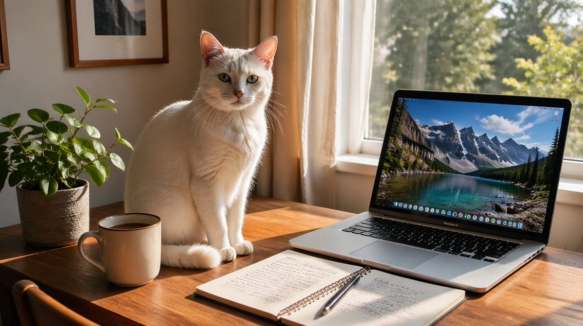 Sunlit Desk with White Cat and Laptop (1/3)