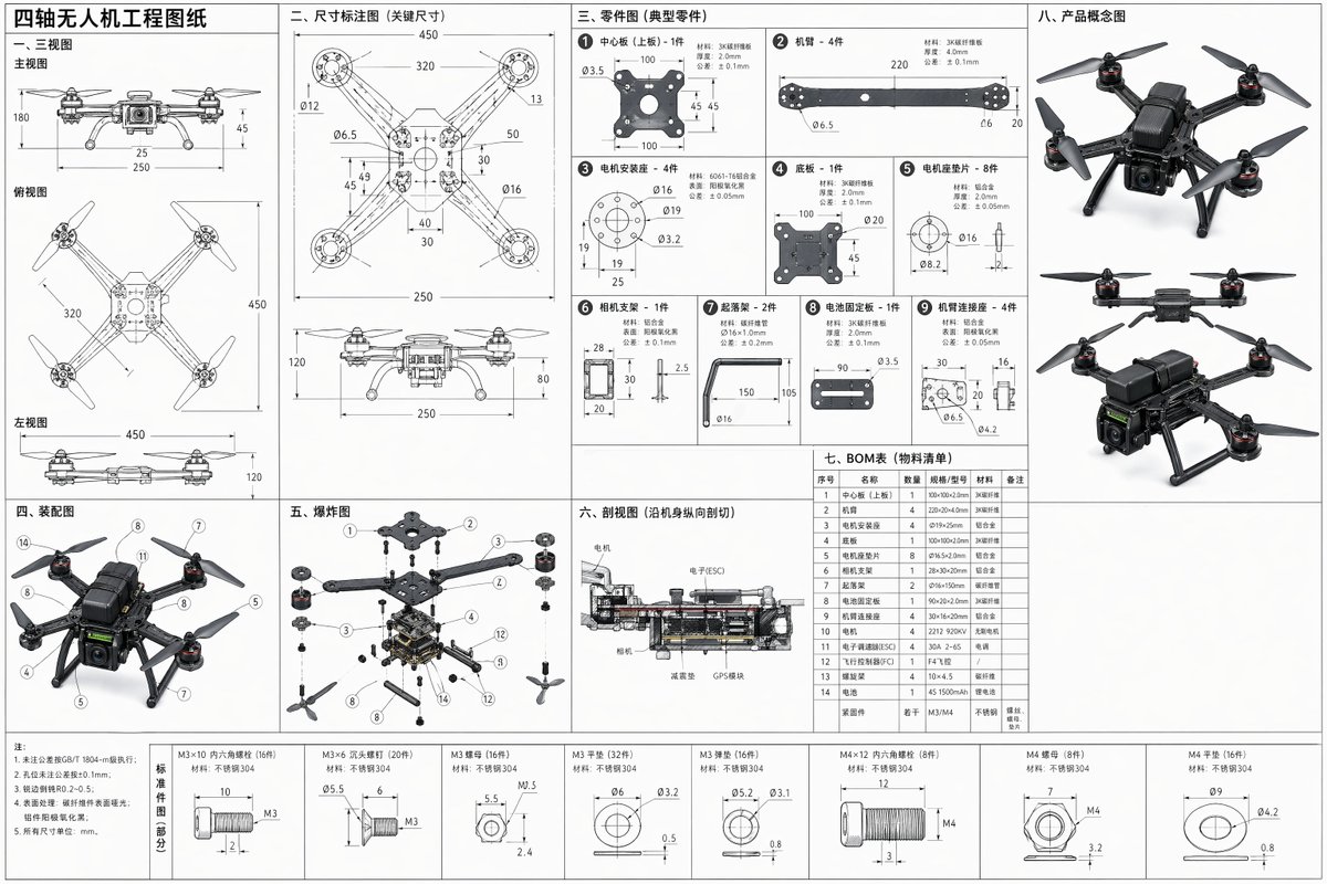Technischer Drohnen-Konstruktionsplan