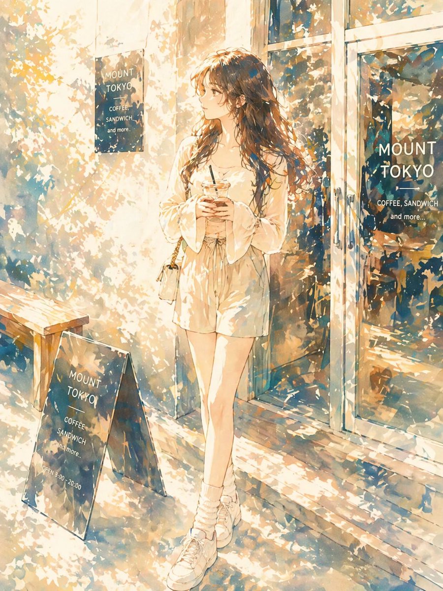 Sunlit Anime Girl Outside Cafe (1/2)
