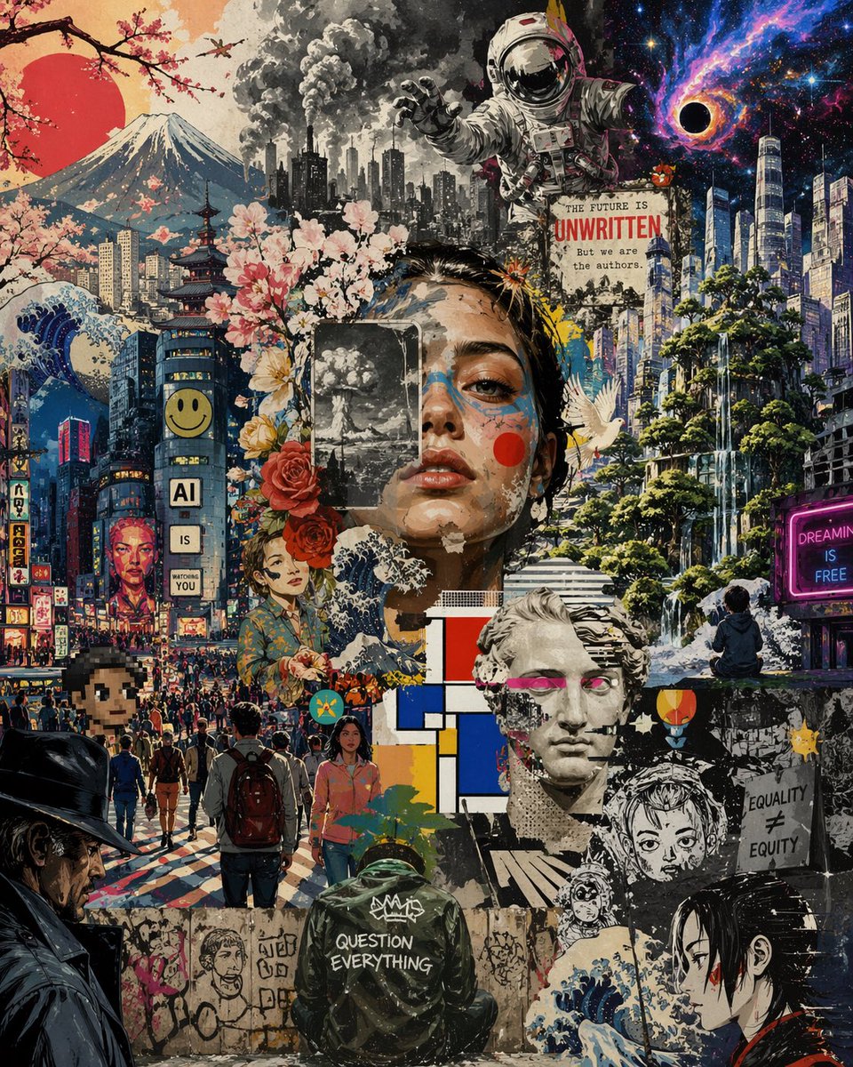Surrealer Futuristischer Japanischer Collage-Poster