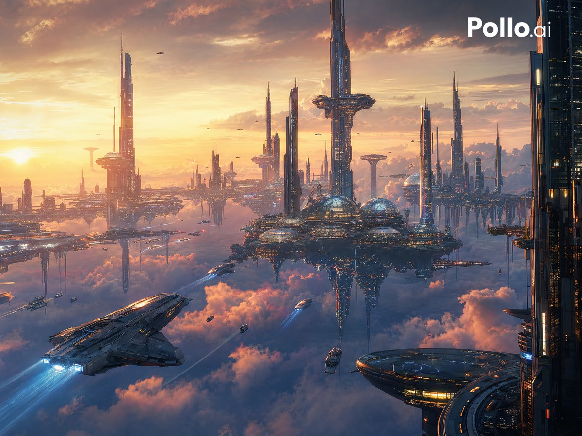 Schwebende futuristische Stadt bei Sonnenuntergang