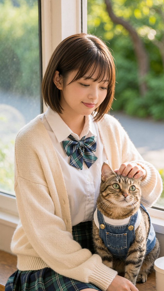 Schoolgirl With Cat by Sunlit Window