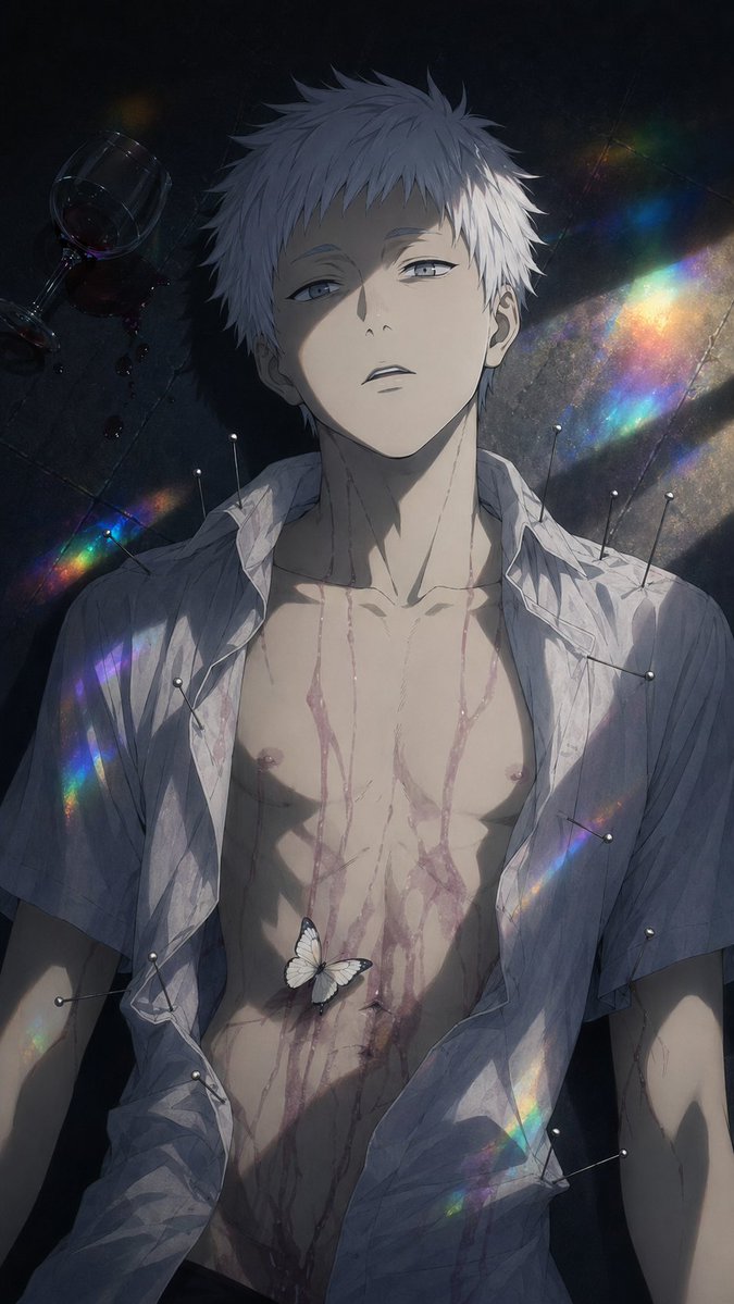 Chico Anime Oscuro con Pines y Luz de Prisma