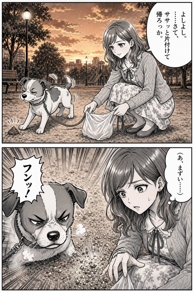 Manga-Hund-Tritt im Sonnenuntergangspark