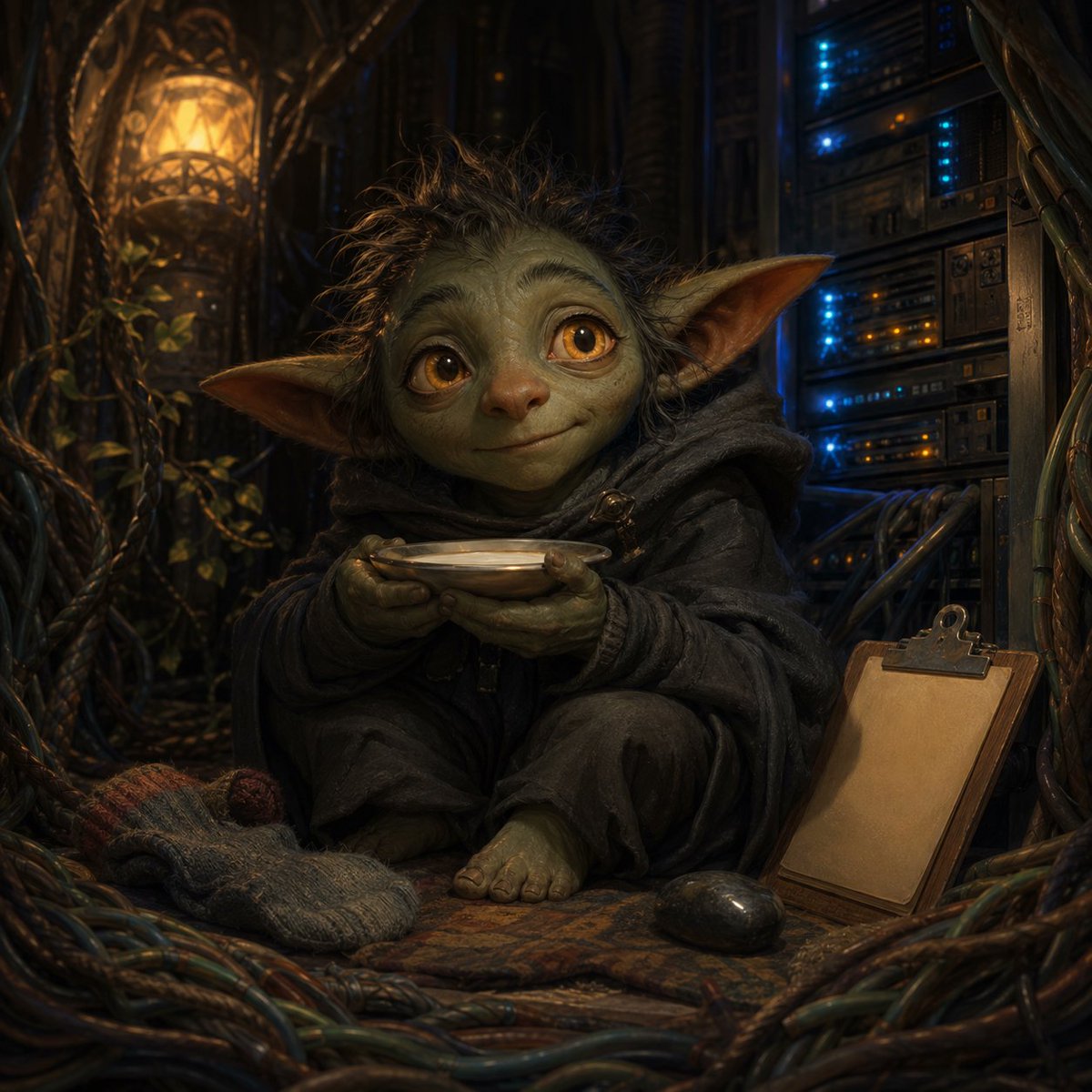 Fantasy Creature With Milk in Server Room
