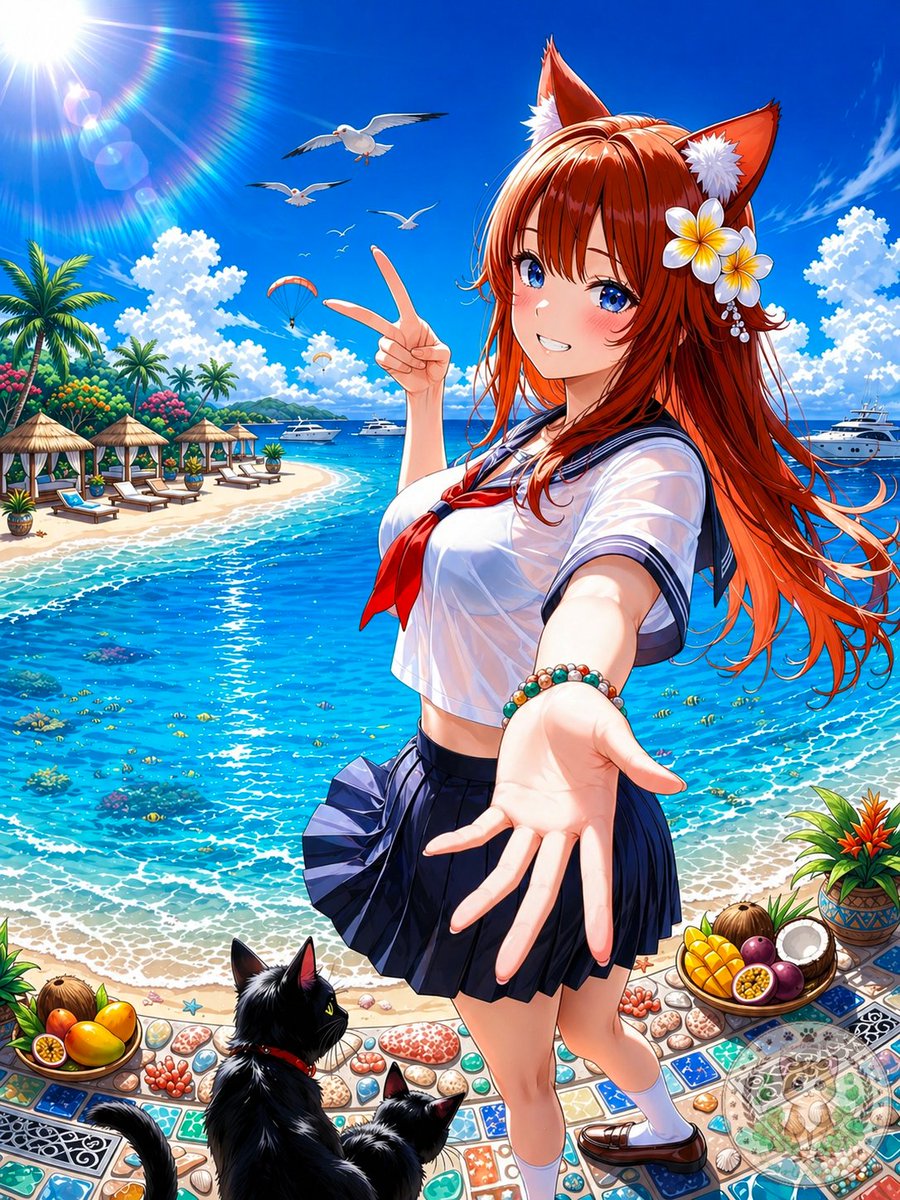 Ragazza Volpe Anime in Spiaggia Tropicale