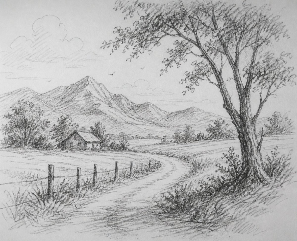 Paisaje montañoso de boceto a lápiz garabateado