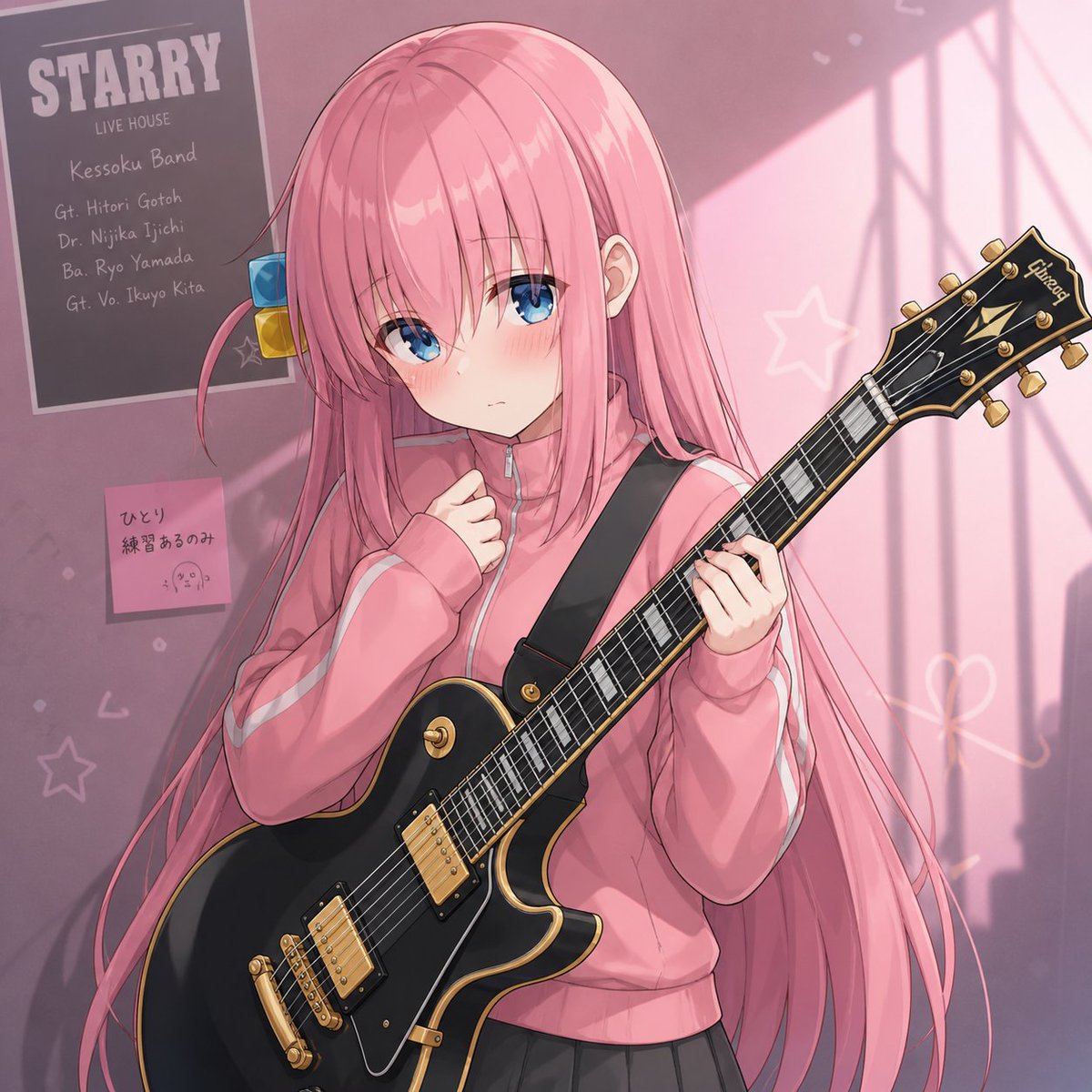 Timida Chitarrista Capelli Rosa Ritratto Anime