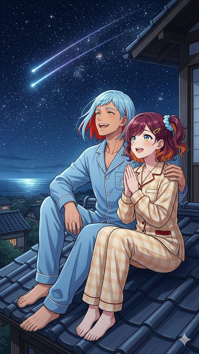 Couple regardant les étoiles sur le toit anime