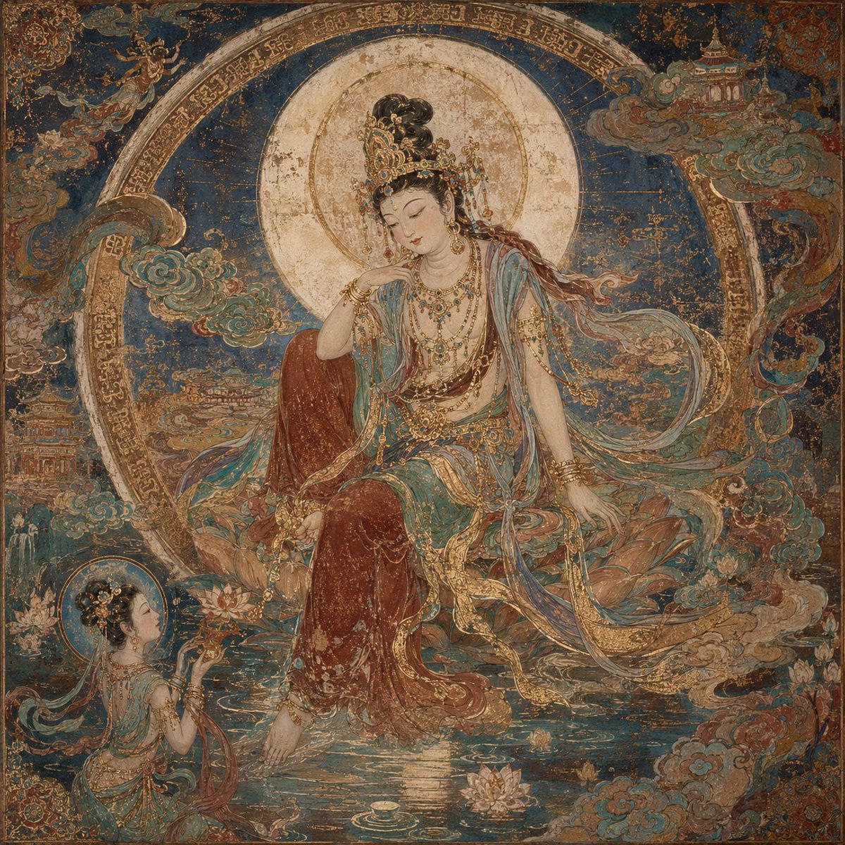 Guanyin Acqua Luna Stile Murale Dunhuang (1/3)