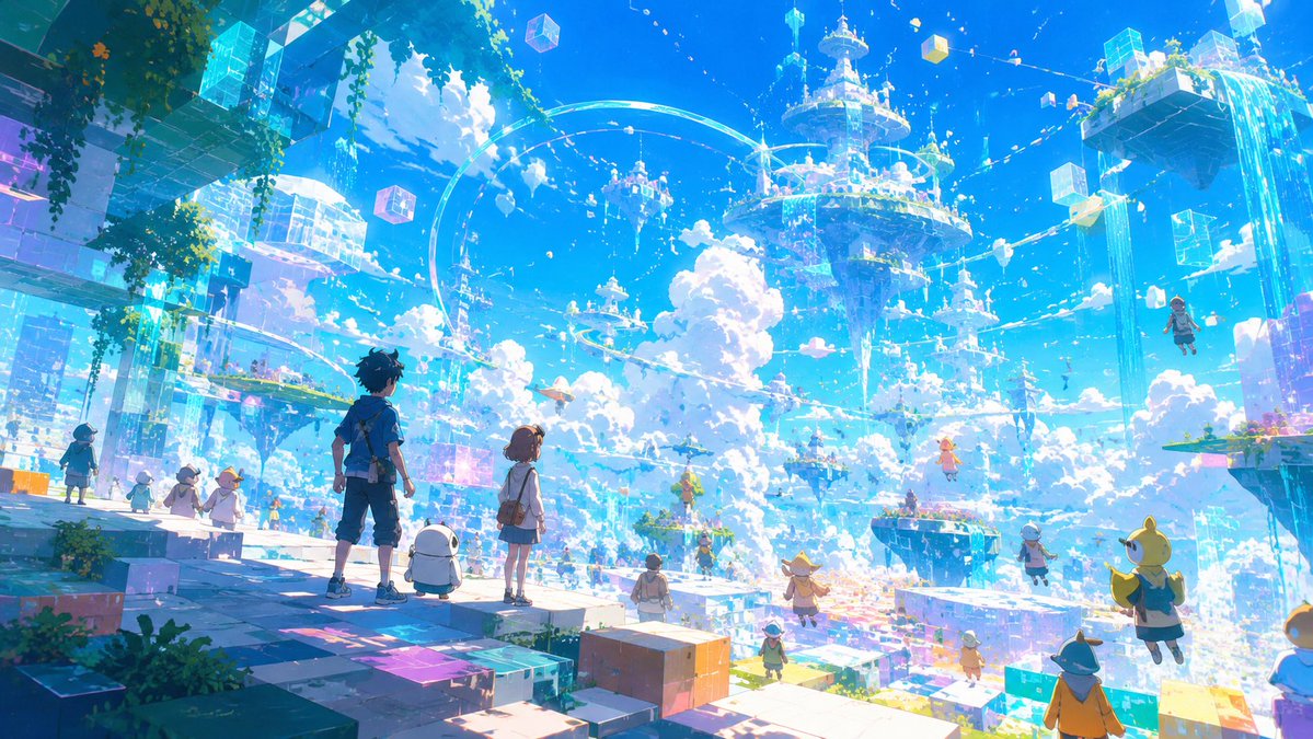 Vista della città di cristallo nel cielo in anime