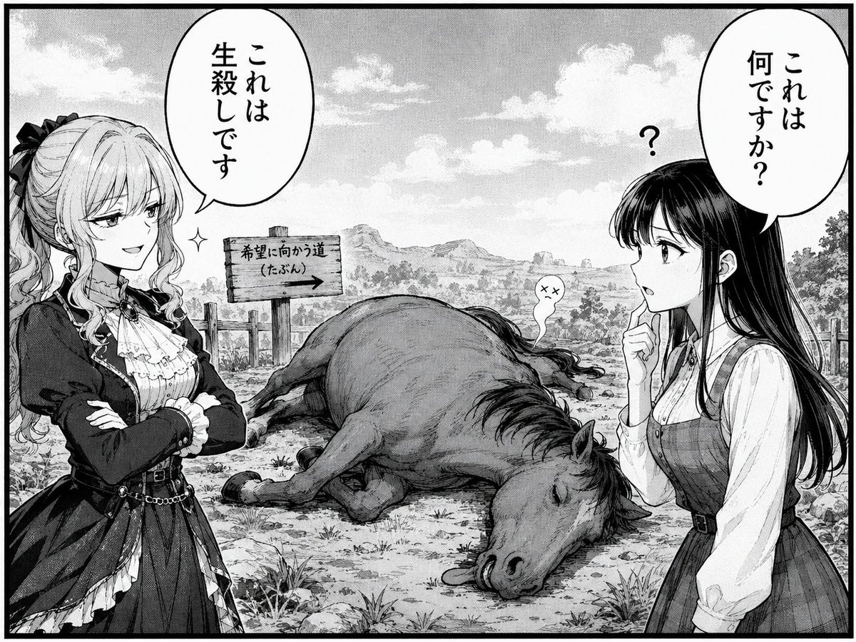 مشهد مانجا كوميدي على جانب الطريق مع حصان