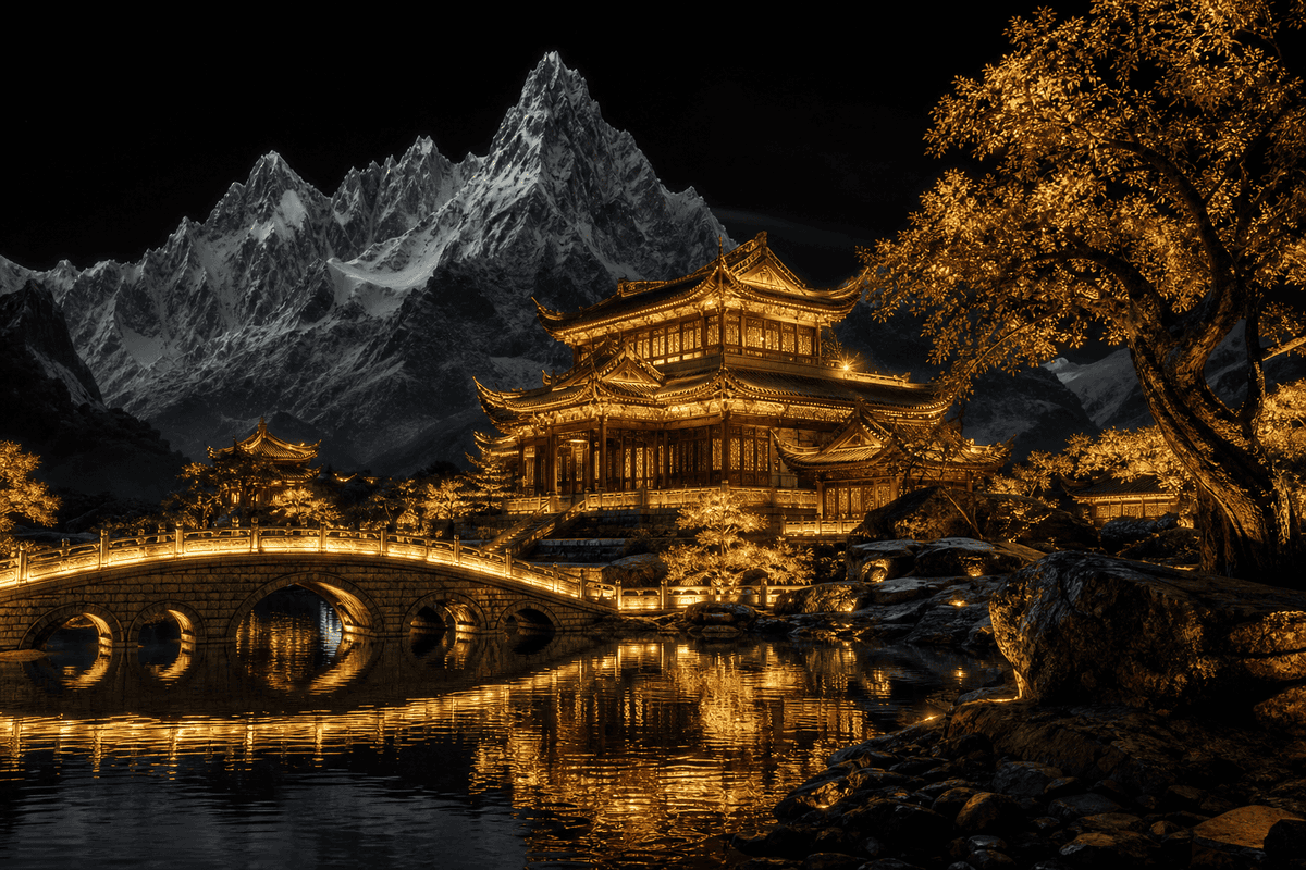 Temple doré au bord du lac la nuit