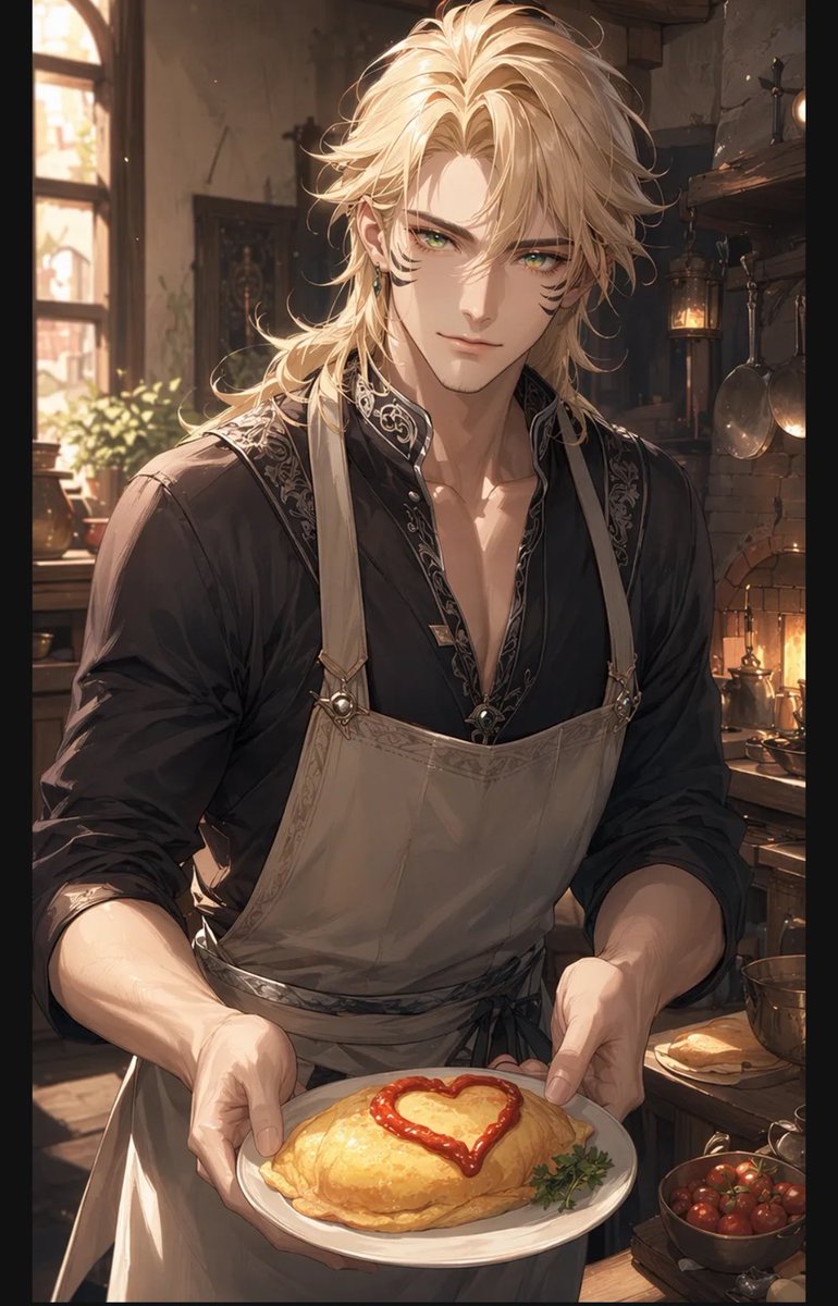 Blond Apron Man Serving Heart Omurice (1/2)