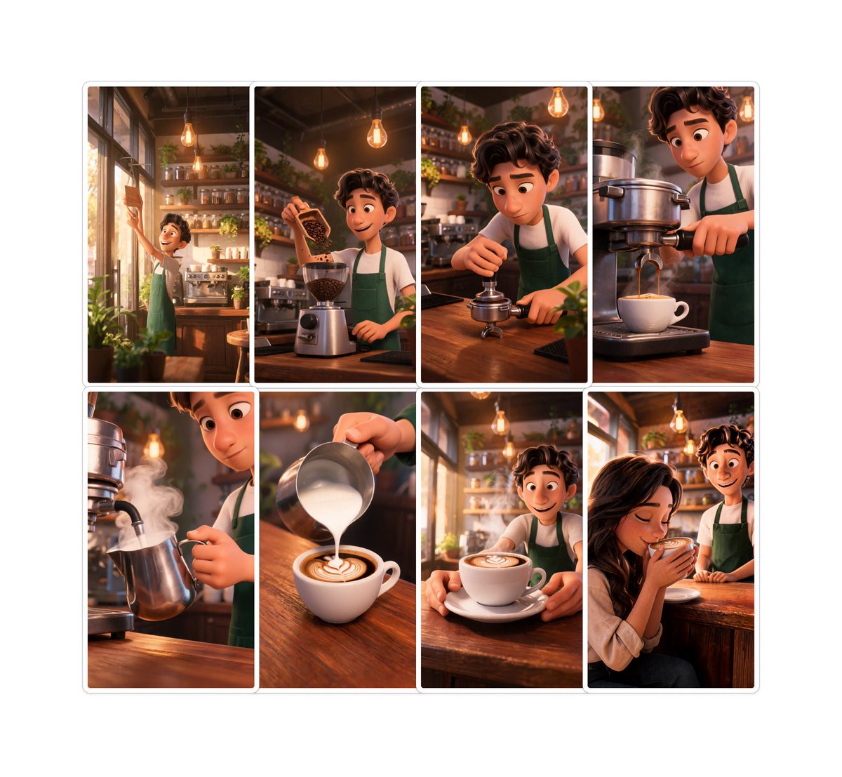 Раскадровка кофейного бренда в стиле Pixar
