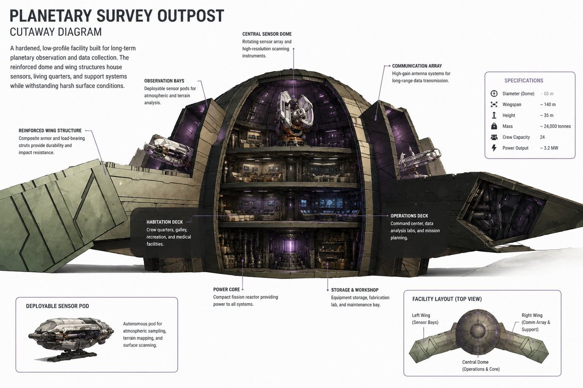 Infografica Cutaway Avamposto di Rilevamento Planetario (1/2)