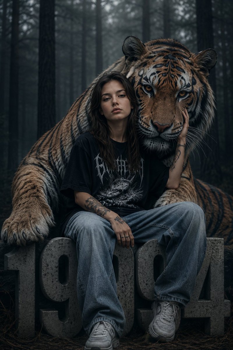 Chica de Fantasía Oscura con Tigre de Bengala