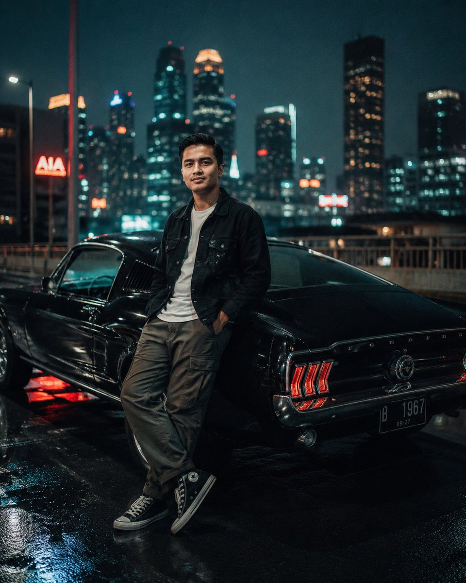 Retrato Cinematográfico de Mustang Noturno na Cidade