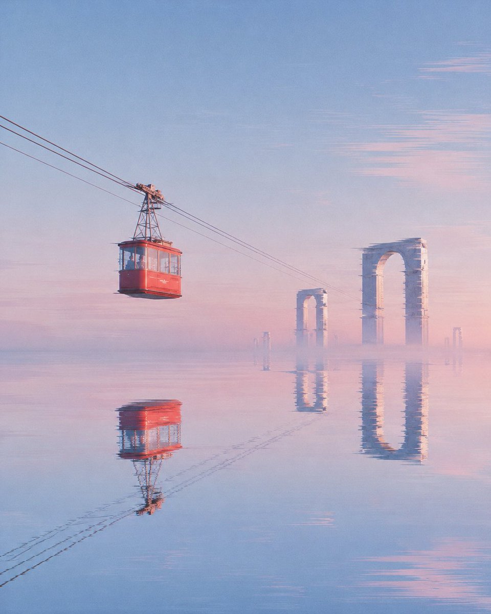 Red Cable Car Over Misty Water (1/3)