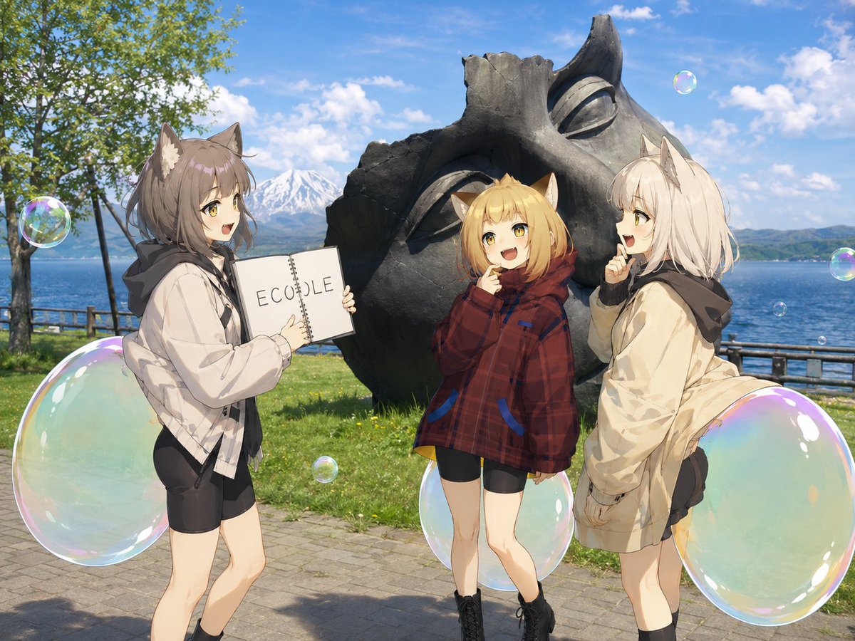 Chicas Gato Anime en Estatua junto al Lago