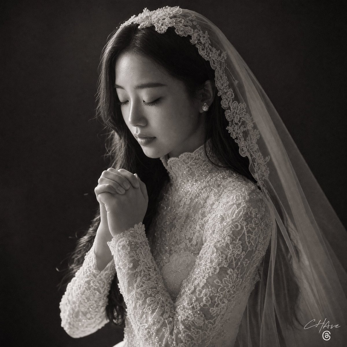 Monochrome Bridal Prayer Portrait