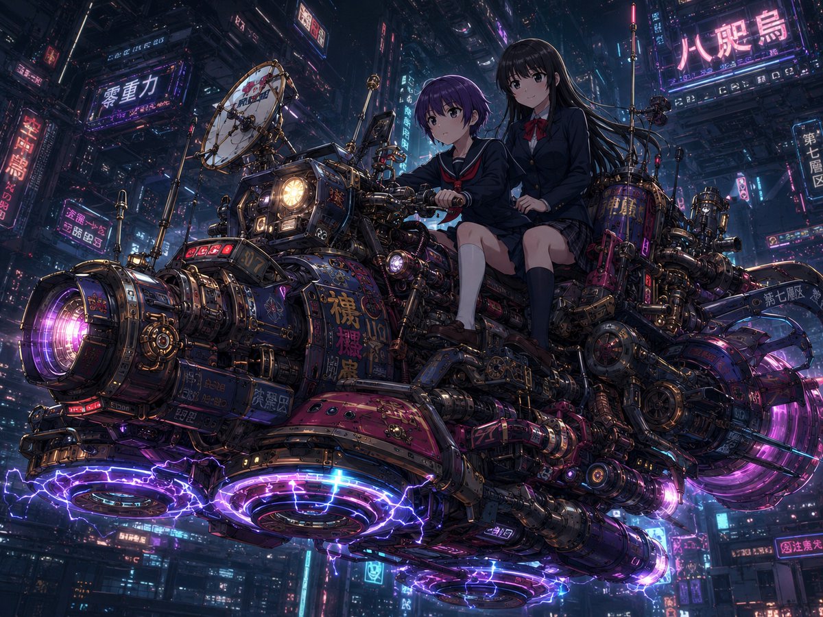 Chica Escolar Cyberpunk en Moto Aérea