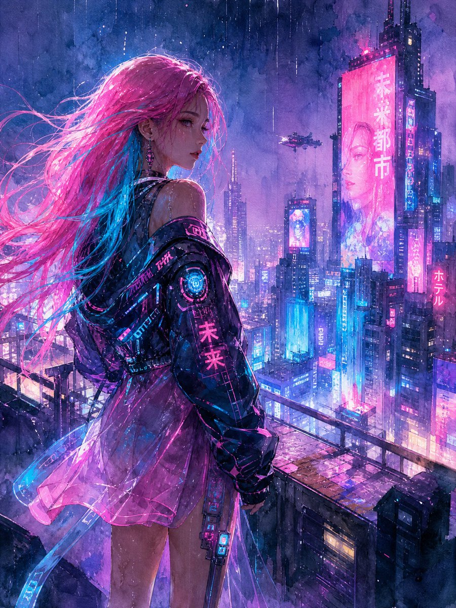 Aquarell Cyberpunk Dachterrassen-Mädchen (1/2)