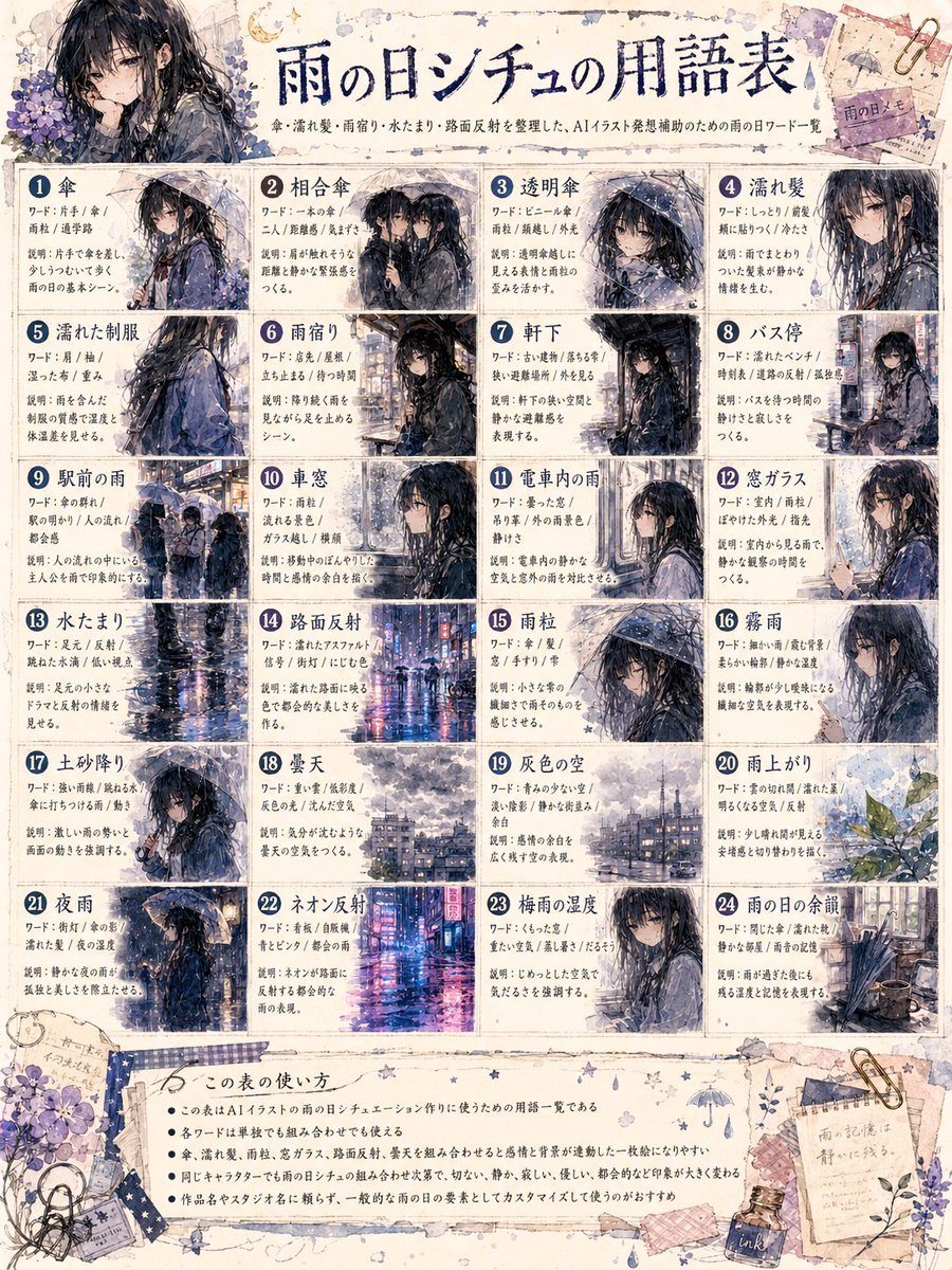 Folha de Vocabulário de Anime de Dia Chuvoso
