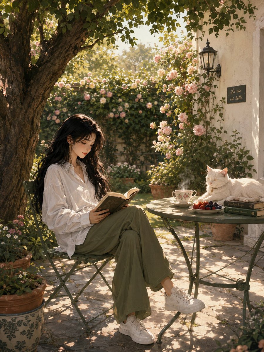 Scena di Lettura Serena in Giardino Illuminato dal Sole