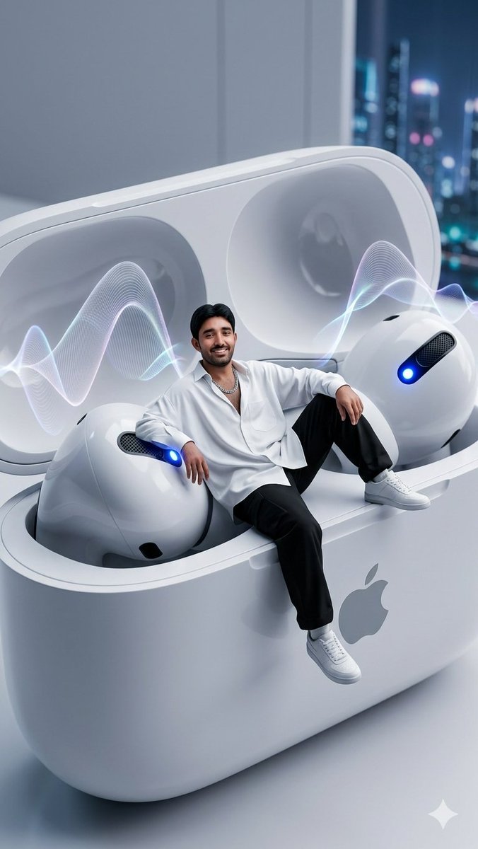 Реклама "Миниатюрный человек в гигантских AirPods"
