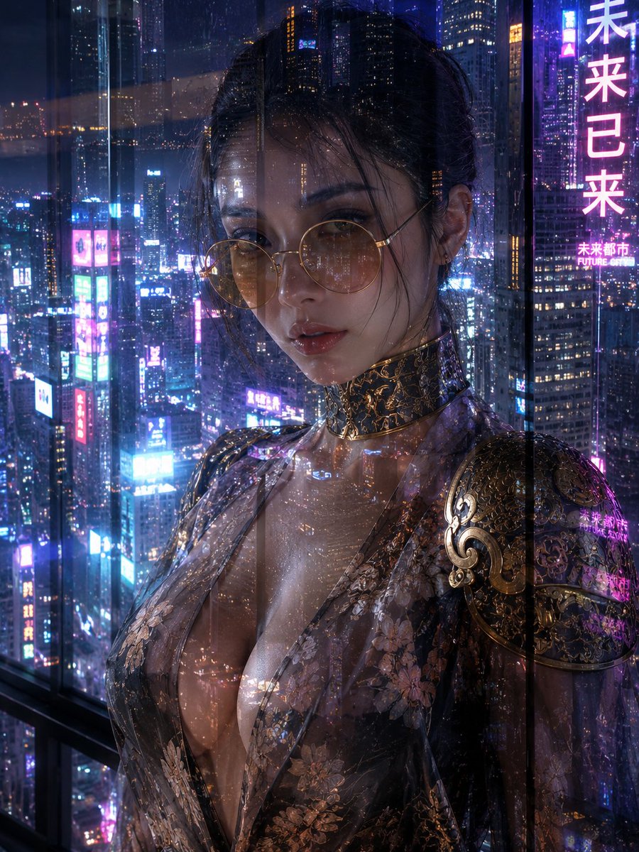 Cyberpunk Woman by Neon City Window (1/2)