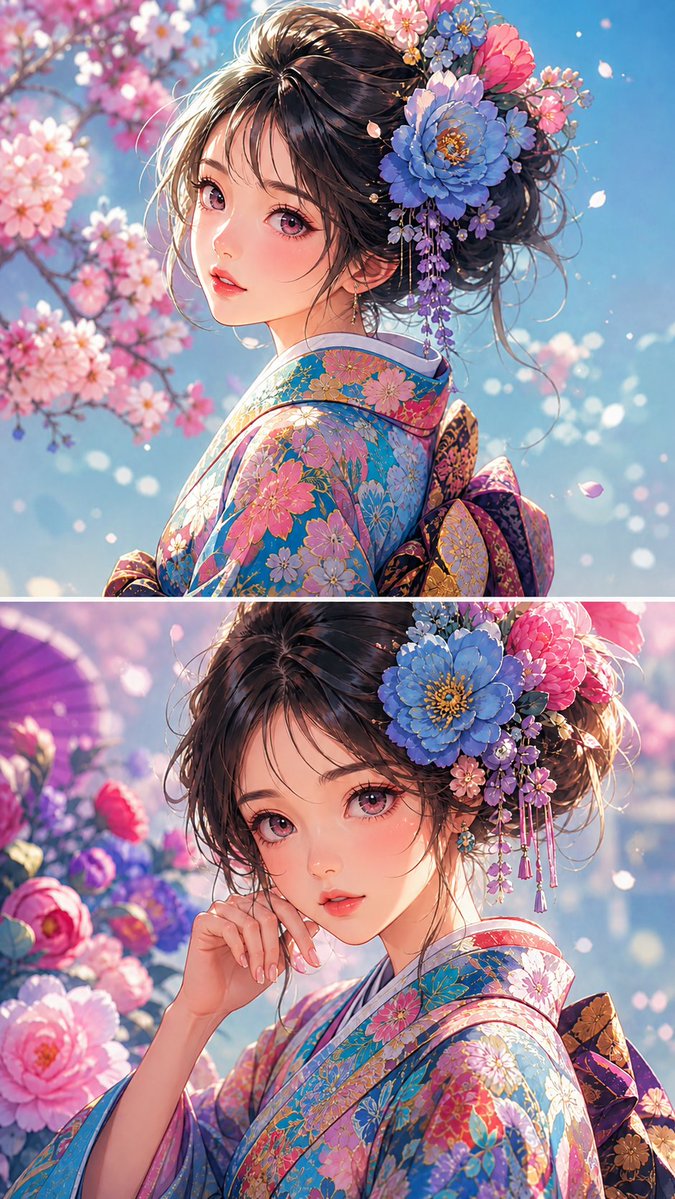 Ritratto Ragazza Anime Kimono Floreale (1/2)