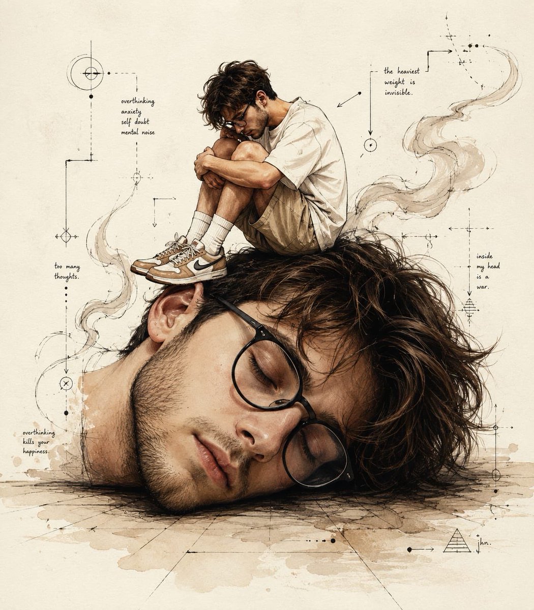Ilustración Conceptual Surrealista de Pensamiento Excesivo