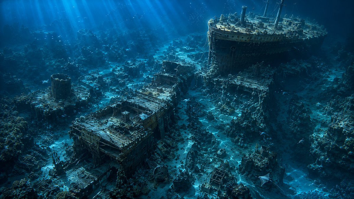 Vue aérienne de l'épave du Titanic en haute mer