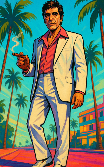 Póster de Personaje Estilo GTA Miami Retro