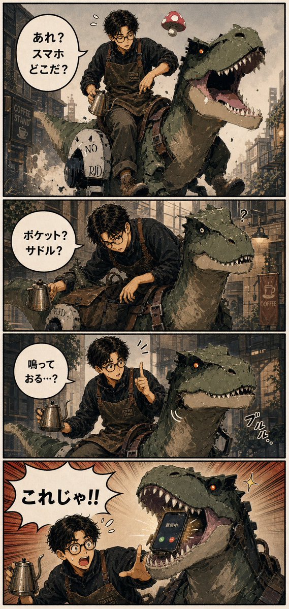 Четырехпанельная манга T-Rex для смартфона
