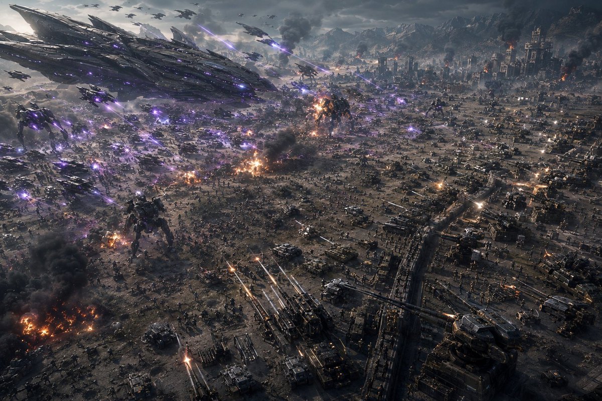 Luftaufnahme eines Sci-Fi-Invasionsschlachtfelds