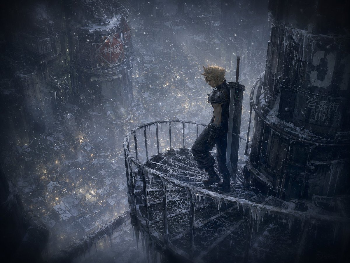 Winter Cyberpunk Balkon über Midgar
