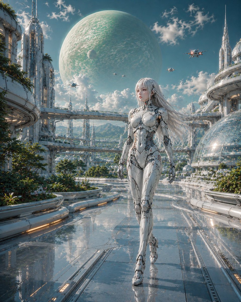 Weiblicher Android in futuristischer Weltraumstadt