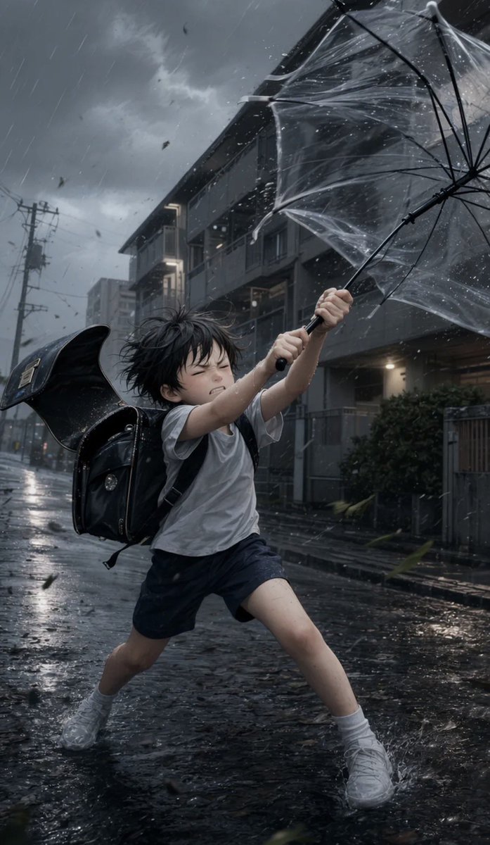 Menino Lutando Contra a Tempestade com Guarda-chuva