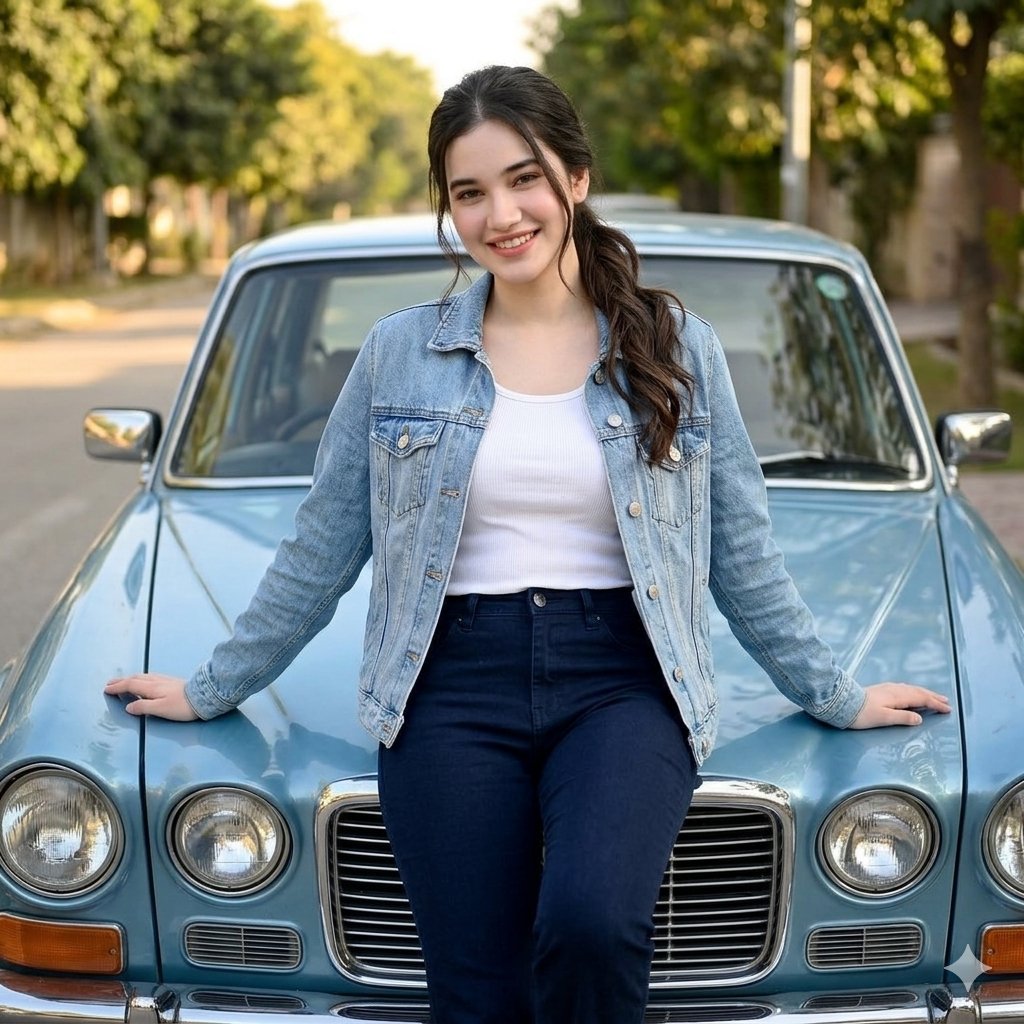 Mulher Recostada em Carro Azul Vintage